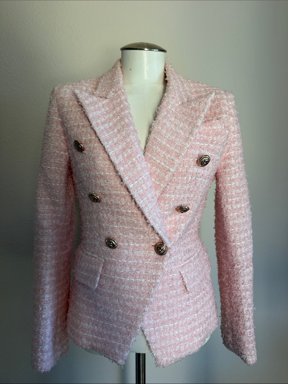 Pink Tweed Double-Breasted Blazer Jacket